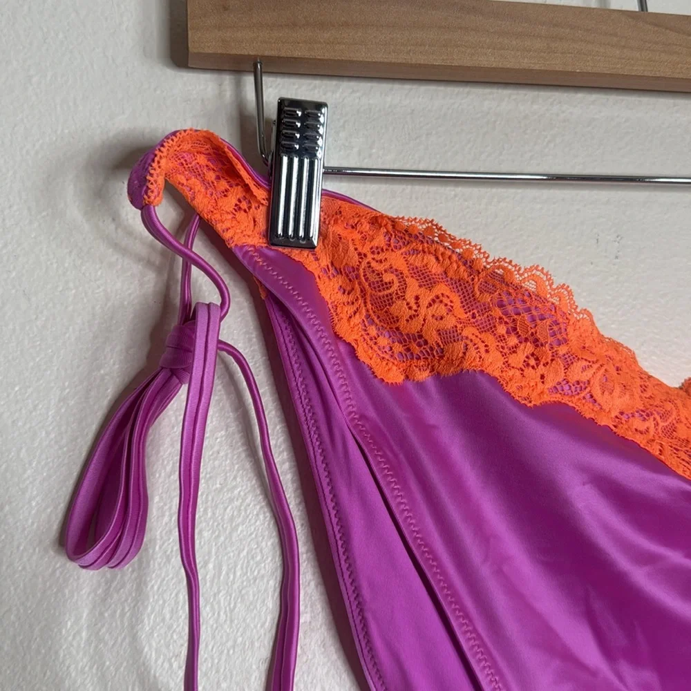 SKIMS Pink and Orange lace swim tie bikini‎ bottom size 4X neon orchid